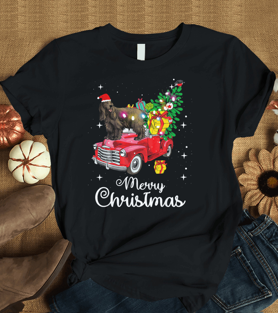 English Cocker Spaniel on Red Truck with Christmas Tree and Gifts Merry Christmas T-Shirt