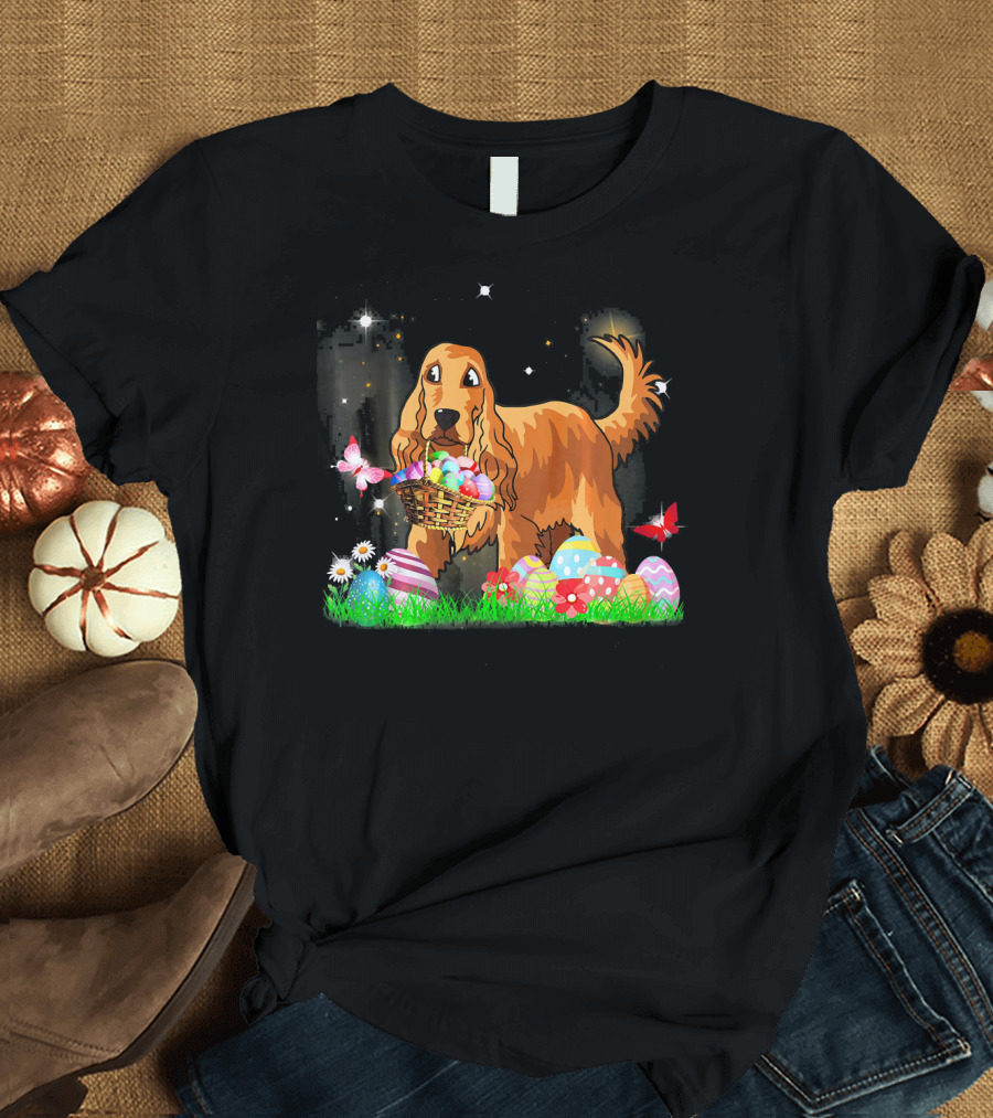 Easter Cocker Spaniel with Basket of Eggs and Butterflies T-Shirt