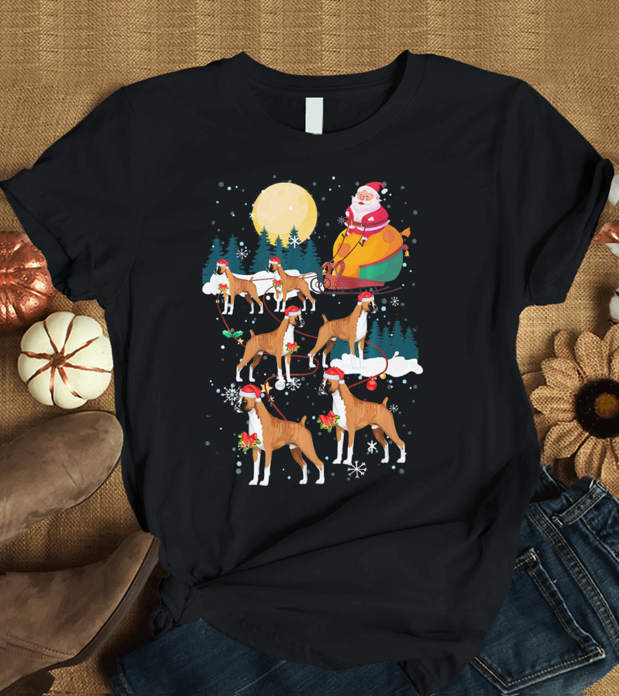 Santa Sleigh with Boxer Dogs Wearing Reindeer Antlers T-Shirt