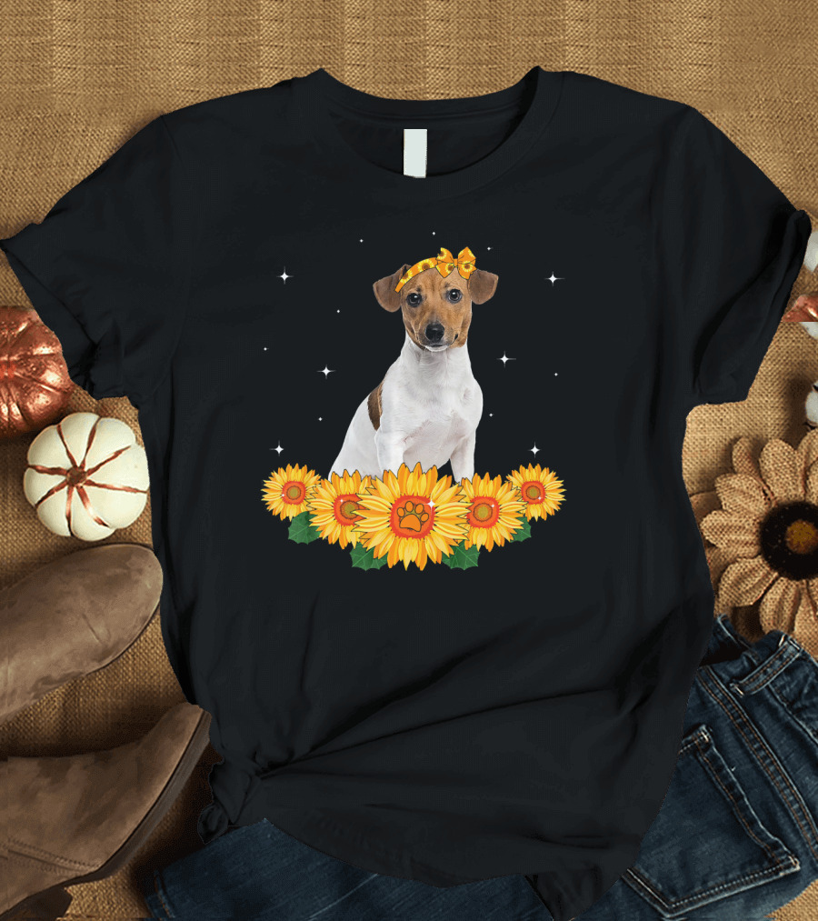 Cute Jack Russell Terrier with Sunflower Headband Surrounded by Sunflowers and Stars T-Shirt