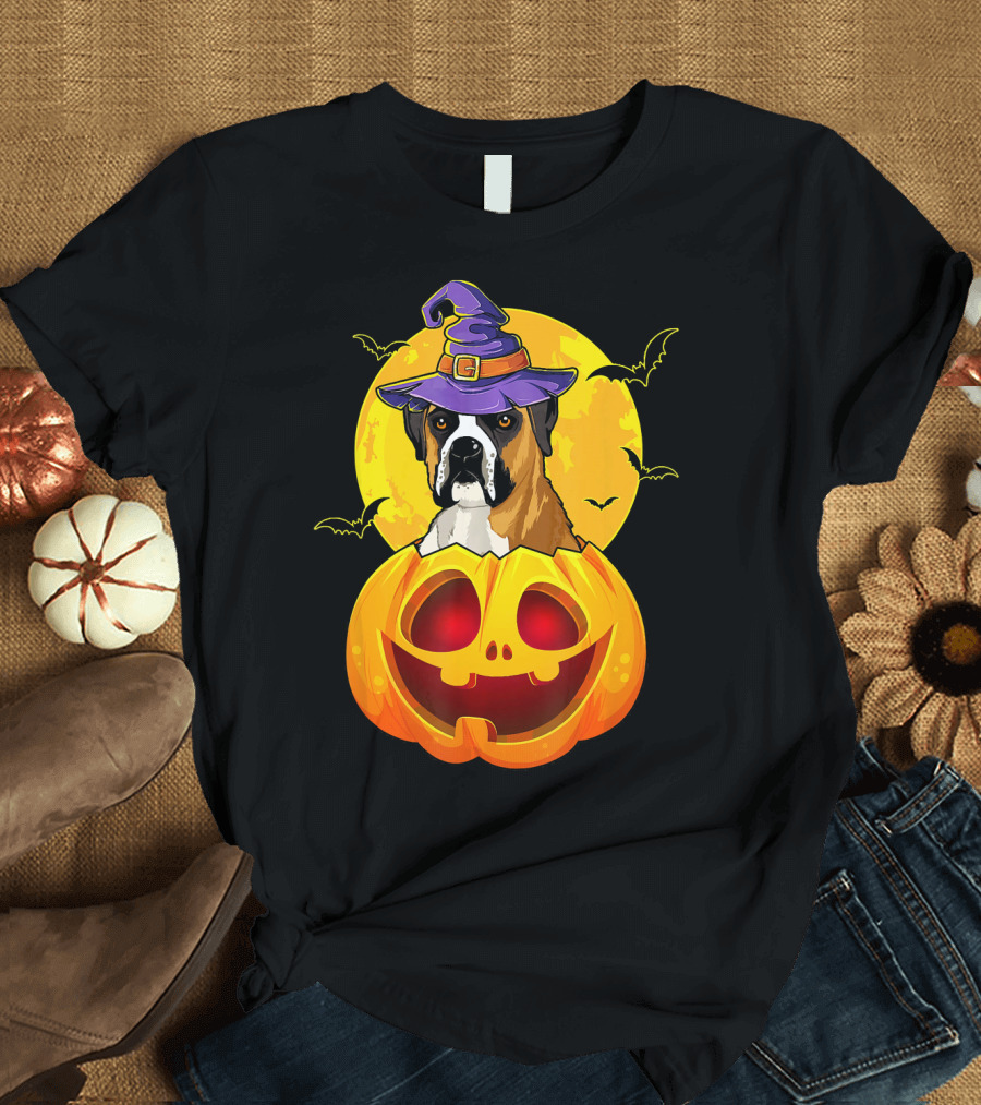 Boxer Dog Witch Hat Halloween Jack O Lantern Full Moon Bats T-Shirt