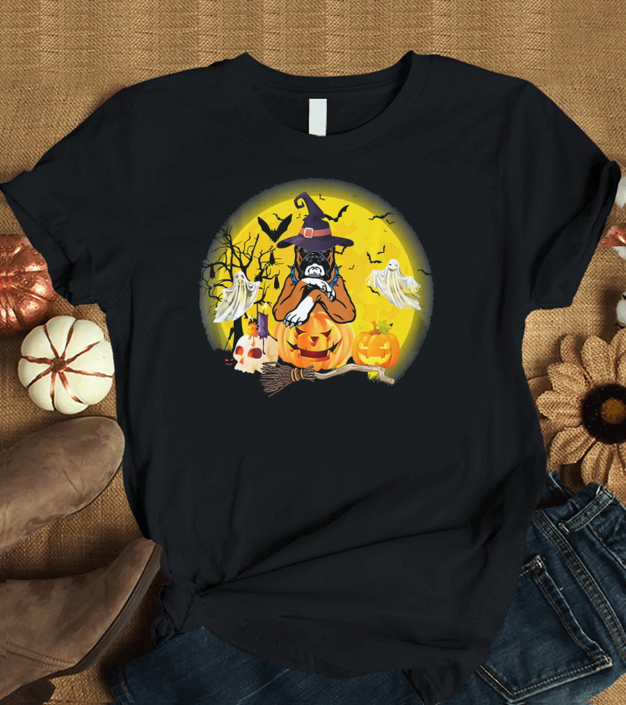 Halloween Witch Boxer Dog with Pumpkins and Ghosts T-Shirt