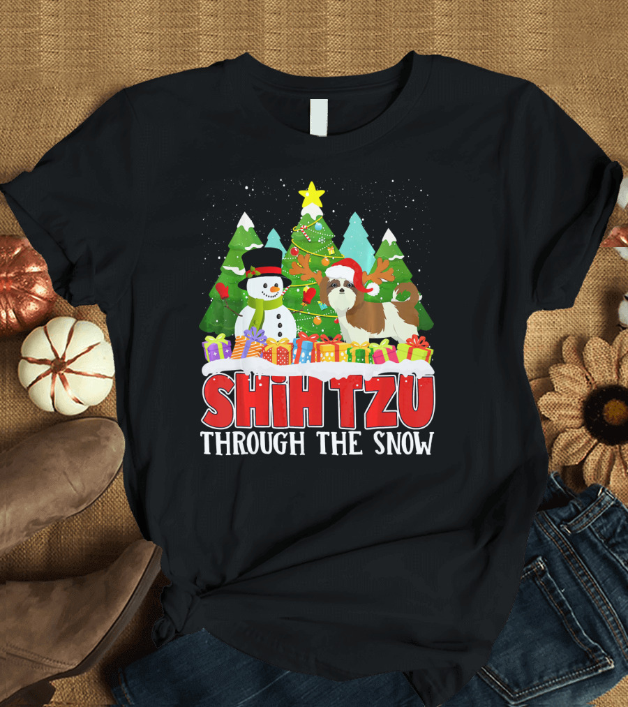 Shih Tzu Through the Snow Christmas Tree Snowman Festive Holiday T-Shirt