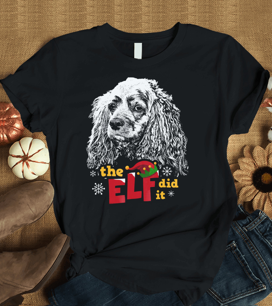 The Elf Did It Cocker Spaniel Christmas Dog Snowflakes T-Shirt