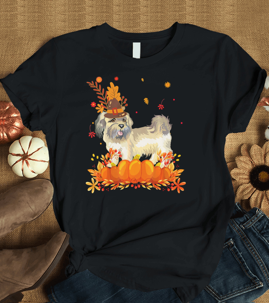 Cute Shih Tzu Dog in Autumn Harvest with Pumpkins and Pilgrim Hat T-Shirt