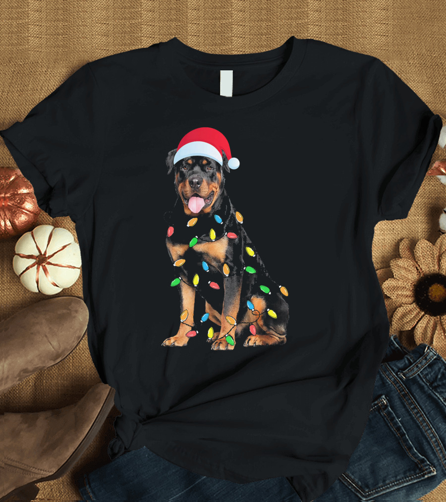 Christmas Rottweiler Festive Lights Santa Hat T-Shirt