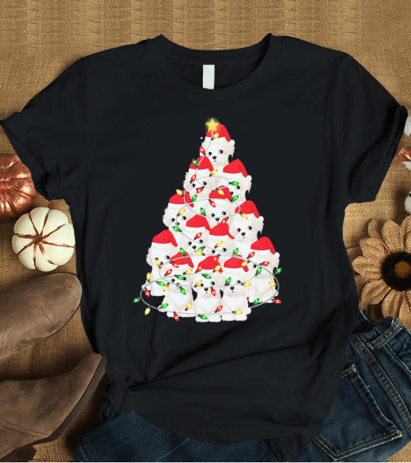 T-Shirt: Cute Maltese Dogs Christmas Tree with Funny Merry Santa Hats and Lights T-Shirt Cute Maltese Dogs Christmas Tree with Funny Merry Santa Hats and Lights T-Shirt