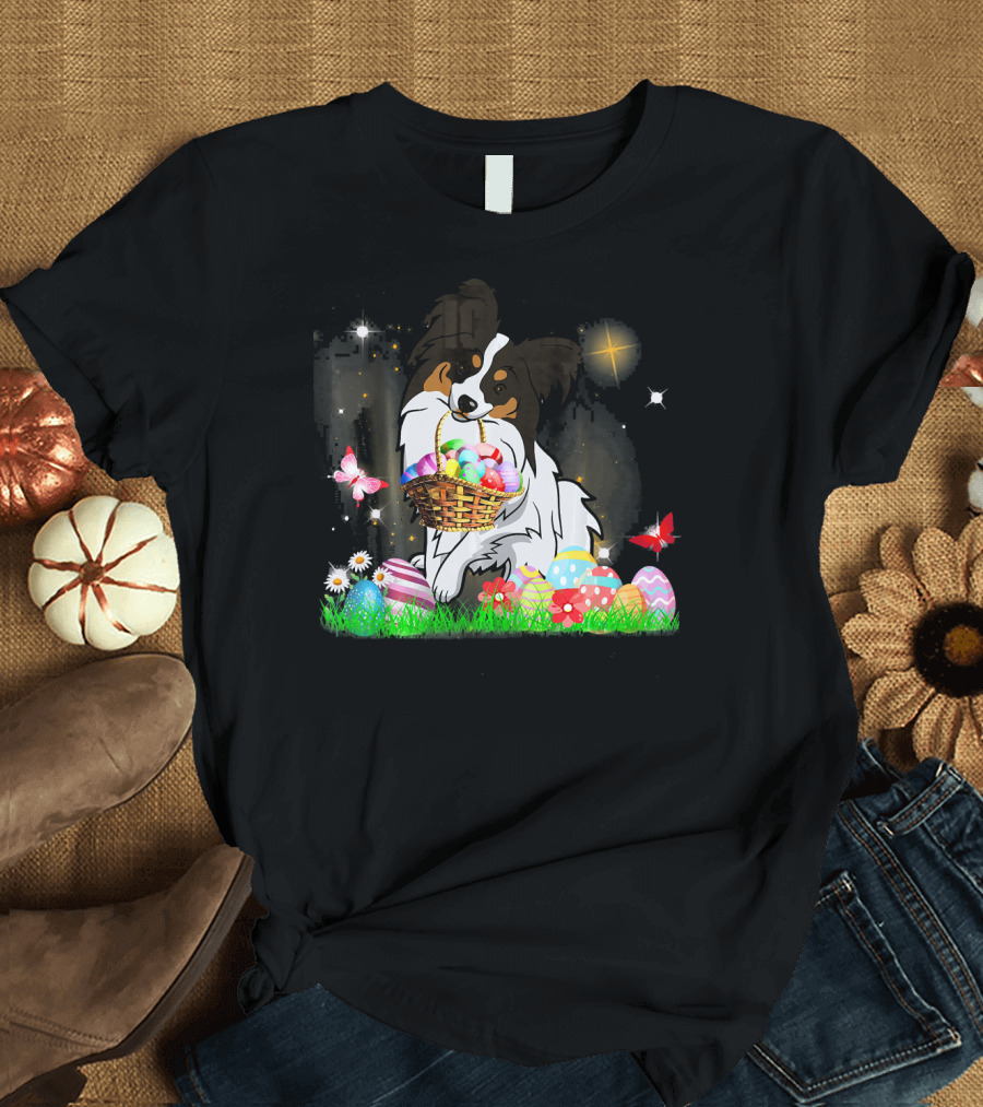 Easter Day Papillon Holding Basket With Colorful Eggs and Butterflies T-Shirt