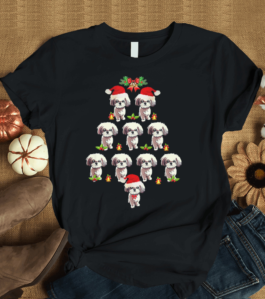 Cute Shih Tzu Santa Hat Christmas Tree with Bells and Holly T-Shirt