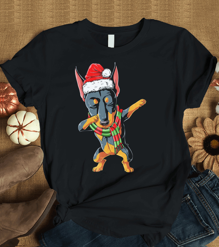 Dabbing Doberman Santa in Christmas Scarf T-Shirt