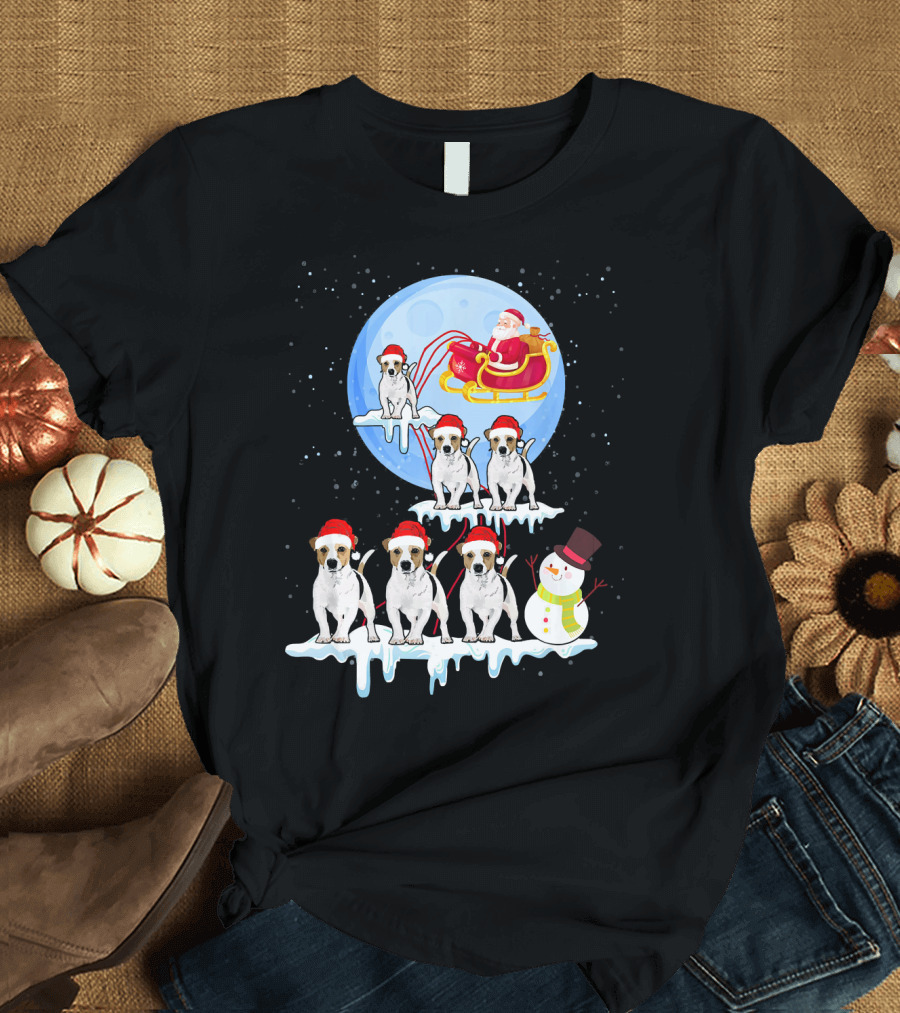 Jack Russell Santa Sleigh Moon Snowman Christmas Dogs T-Shirt