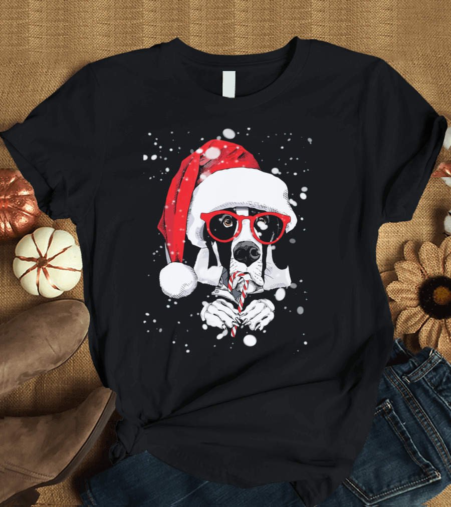 Great Dane with Santa Hat and Candy Cane in Snowy Glasses T-Shirt