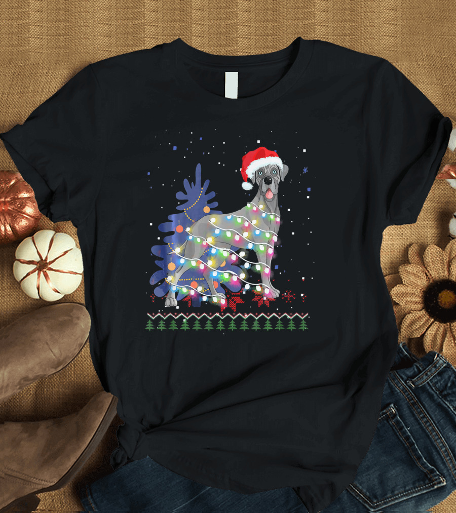 Great Dane Christmas Tree Lights Santa Hat Dog T-Shirt
