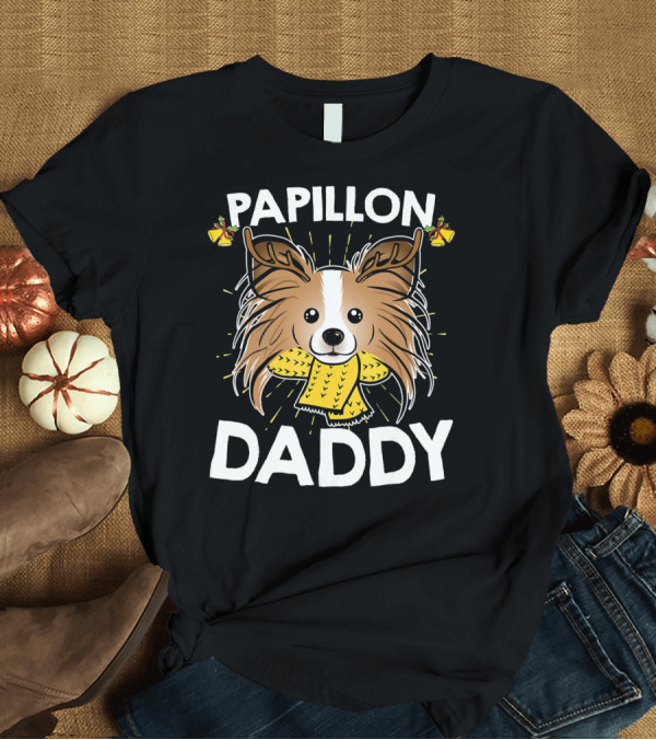 T-Shirt: Papillon Daddy Cute Dog with Yellow Sweater and Bells T-Shirt Papillon Daddy Cute Dog with Yellow Sweater and Bells T-Shirt