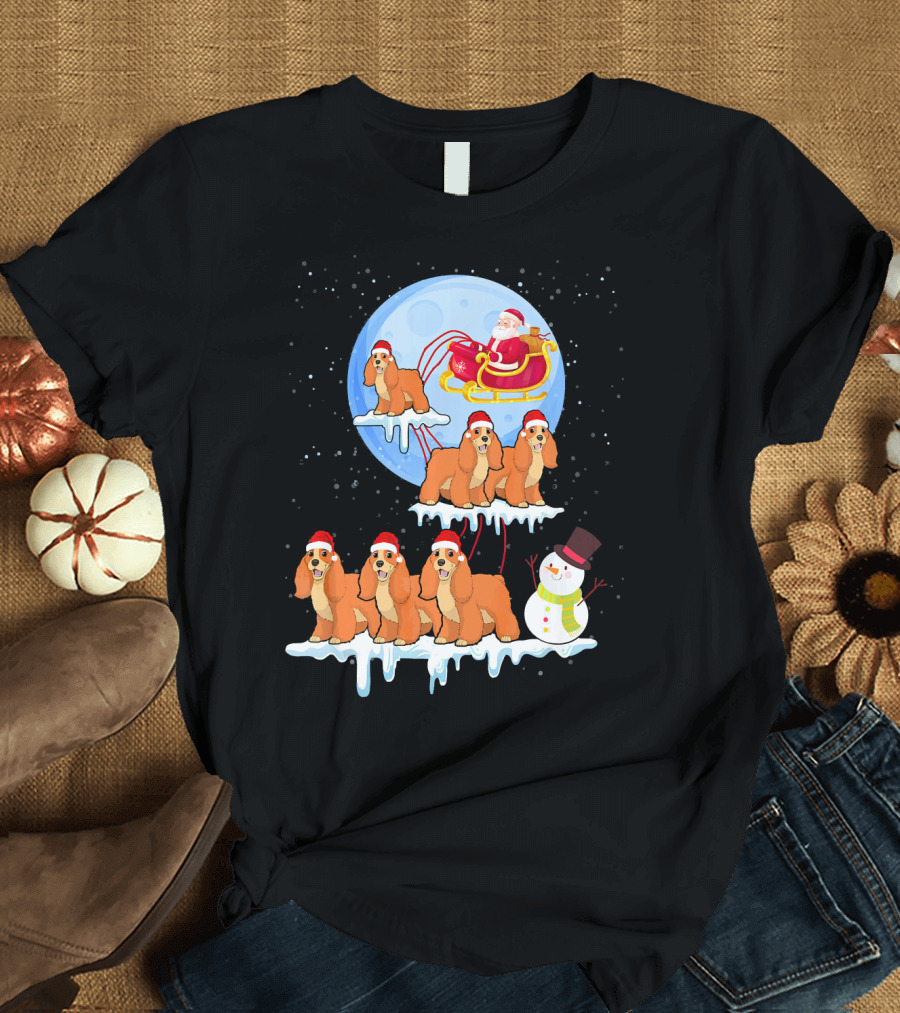 Funny Cocker Spaniel Christmas Dog Riding Sleigh with Santa and Snowman T-Shirt
