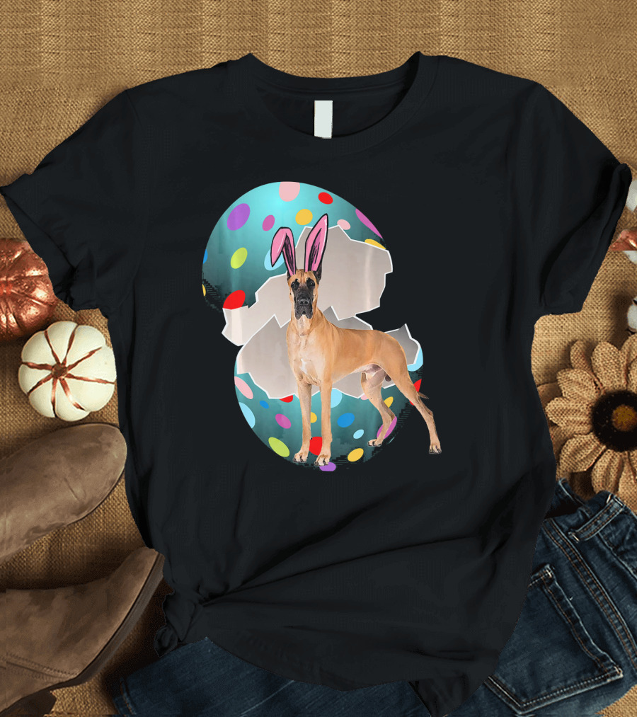 Great Dane with Easter Bunny Ears in Colorful Egg T-Shirt