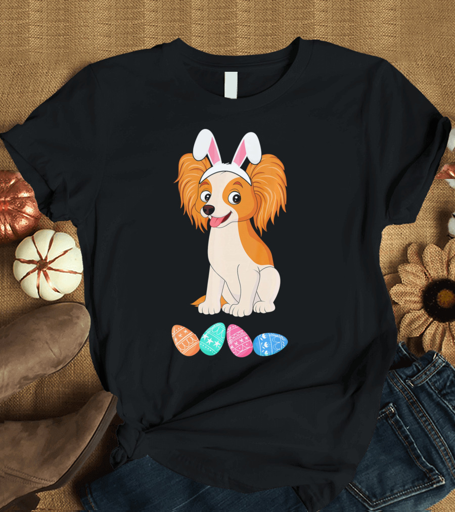 Funny Easter Papillon Dog with Bunny Ears and Colorful Eggs T-Shirt