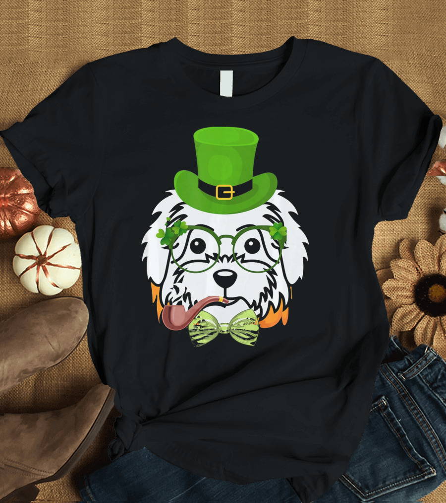 Funny Maltese Leprechaun St Patrick's Day Dog with Green Top Hat and Pipe T-Shirt