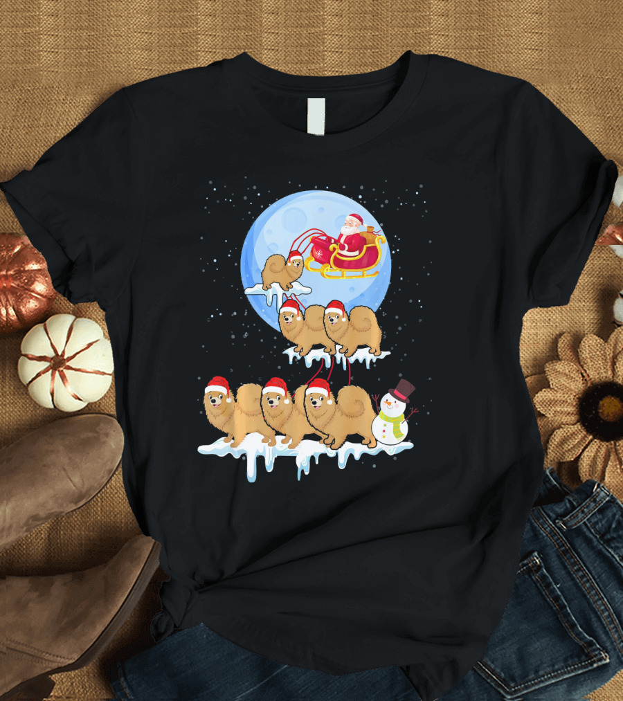 Pomeranian Dogs Pulling Santa's Sleigh with Snowman Under Moon T-Shirt