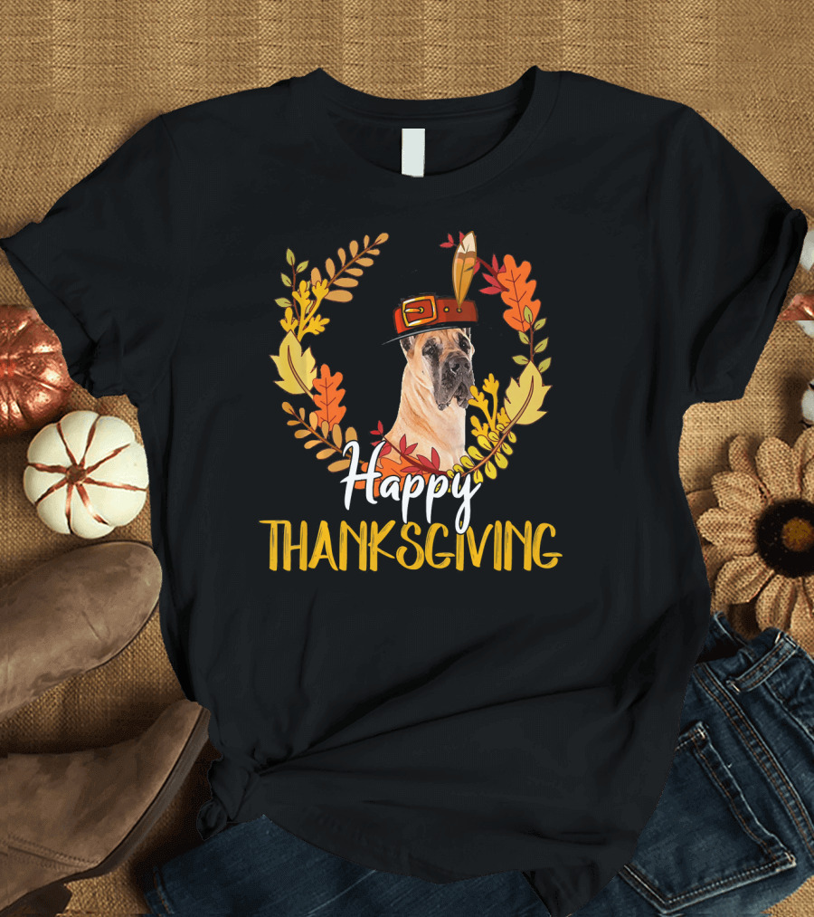 Happy Thanksgiving Great Dane in Autumn Leaves Wreath T-Shirt