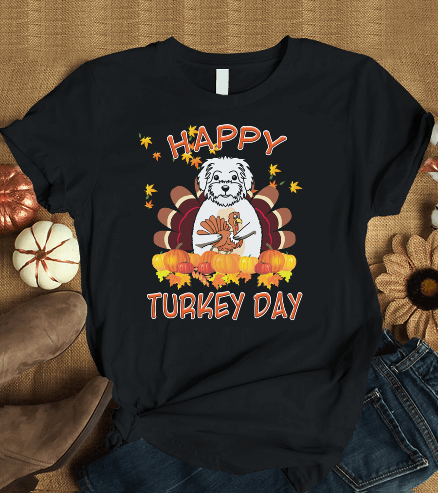 Funny Maltese Happy Turkey Day Thanksgiving Dog with Pumpkins T-Shirt