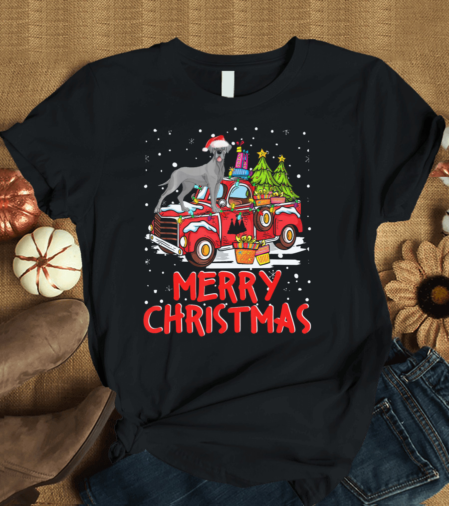 Merry Christmas Great Dane on Red Truck with Gifts and Trees T-Shirt