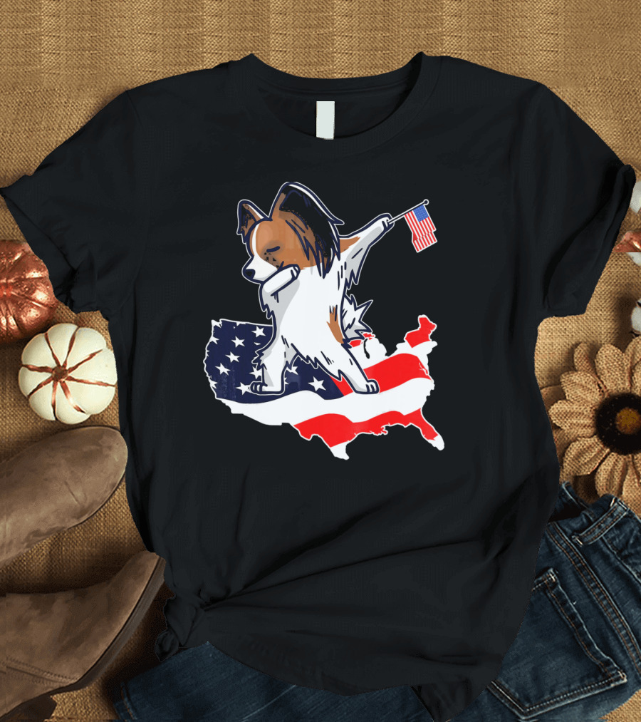 Dabbing Papillon Dog on American Flag Map with Mini Flag T-Shirt