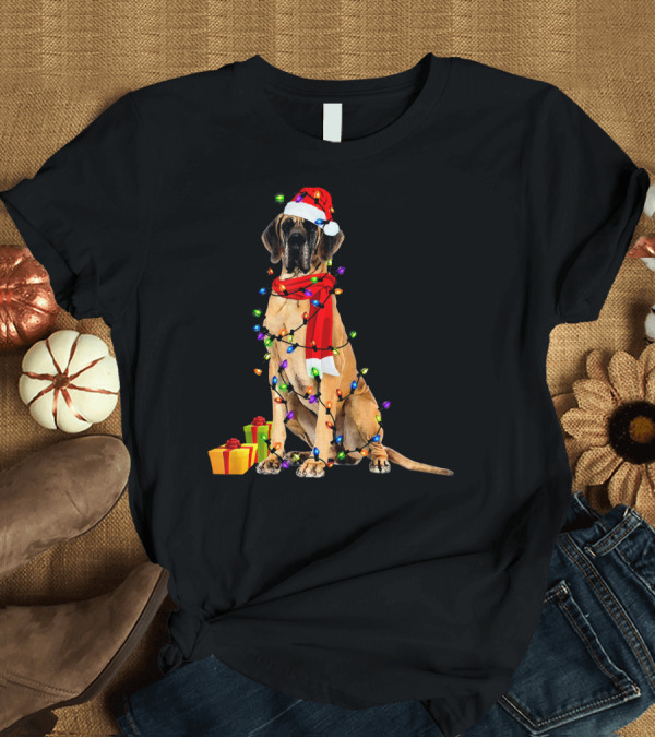 T-Shirt: Great Dane Santa with Christmas Lights and Gifts T-Shirt Great Dane Santa with Christmas Lights and Gifts T-Shirt