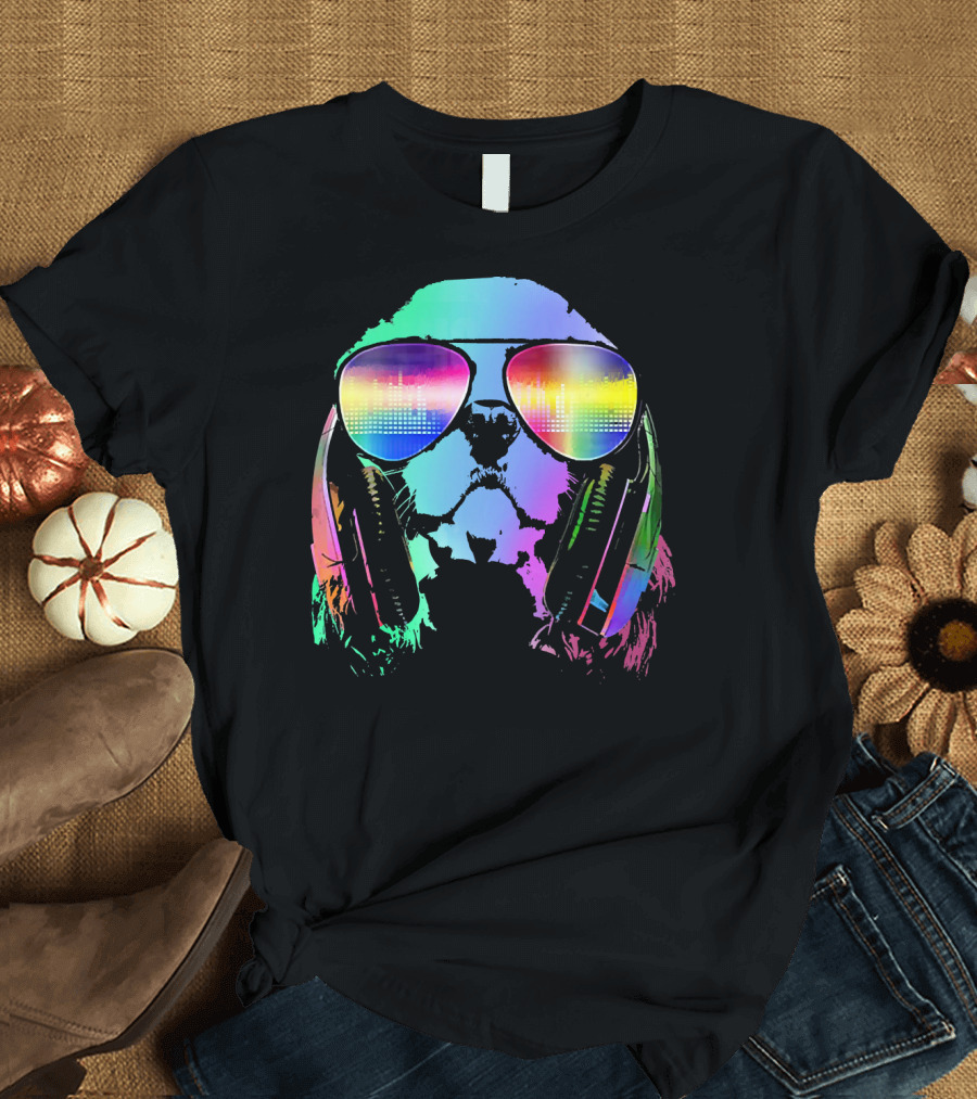 DJ Cavalier King Charles Trippy Electro Music Vibes Rainbow Headphones Glasses T-Shirt
