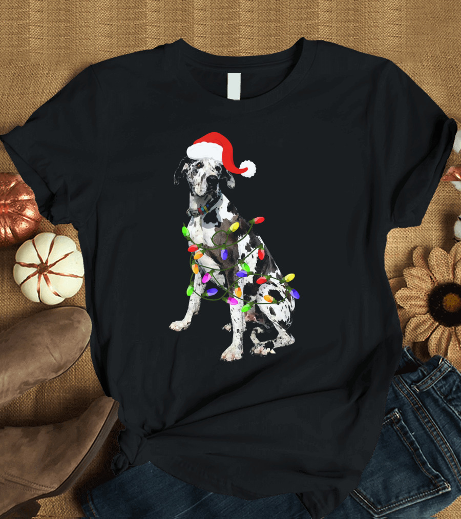 Great Dane Christmas Light Cute Dog Love Santa Hat Festive Holiday T-Shirt