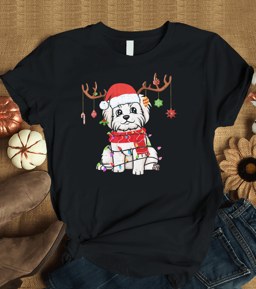 Funny Maltese Christmas Puppy with Reindeer Antlers and Festive Lights T-Shirt