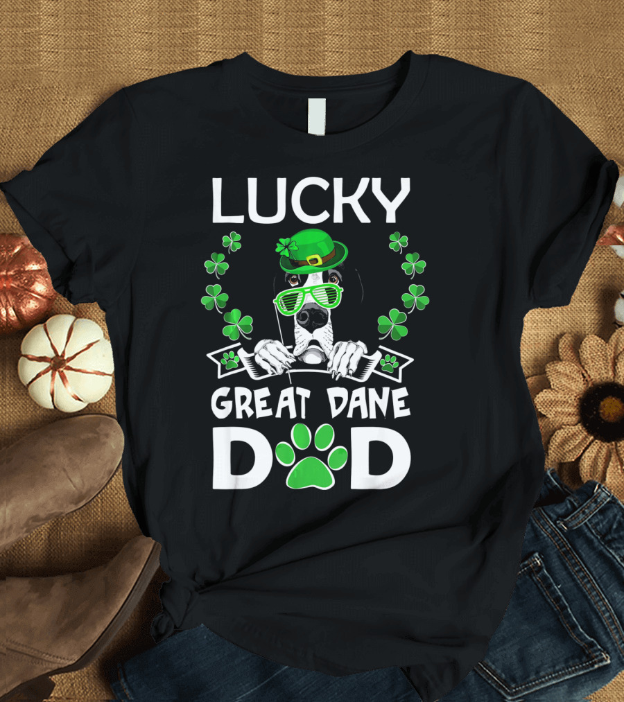 Lucky Great Dane Dad St Patrick's Day Dog with Shamrocks T-Shirt