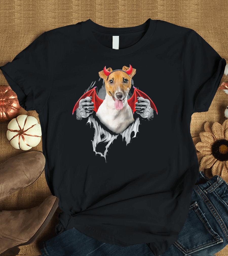 Jack Russell Terrier Dog with Devil Horns and Dracula Wings T-Shirt