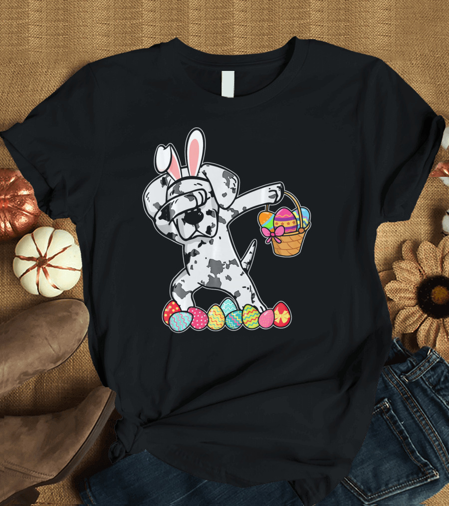 Great Dane Dabbing with Easter Bunny Ears and Egg Basket T-Shirt