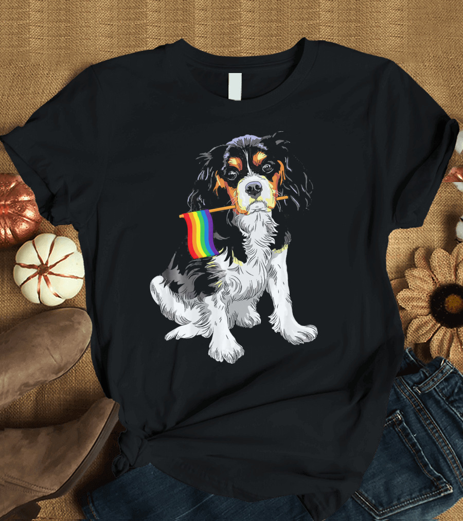 Cavalier King Charles Spaniel with Pride Rainbow Flag T-Shirt