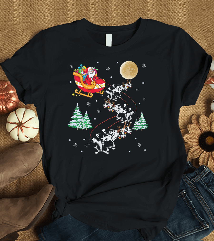 Great Dane Santa Sleigh Reindeer Christmas Moon Snowflakes T-Shirt