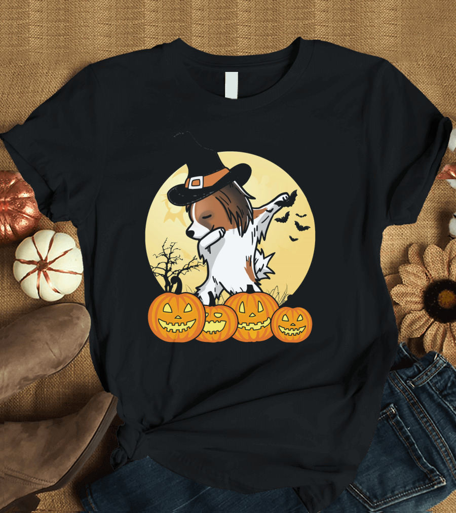 Dabbing Papillon Halloween Dance with Witch Hat and Pumpkins T-Shirt