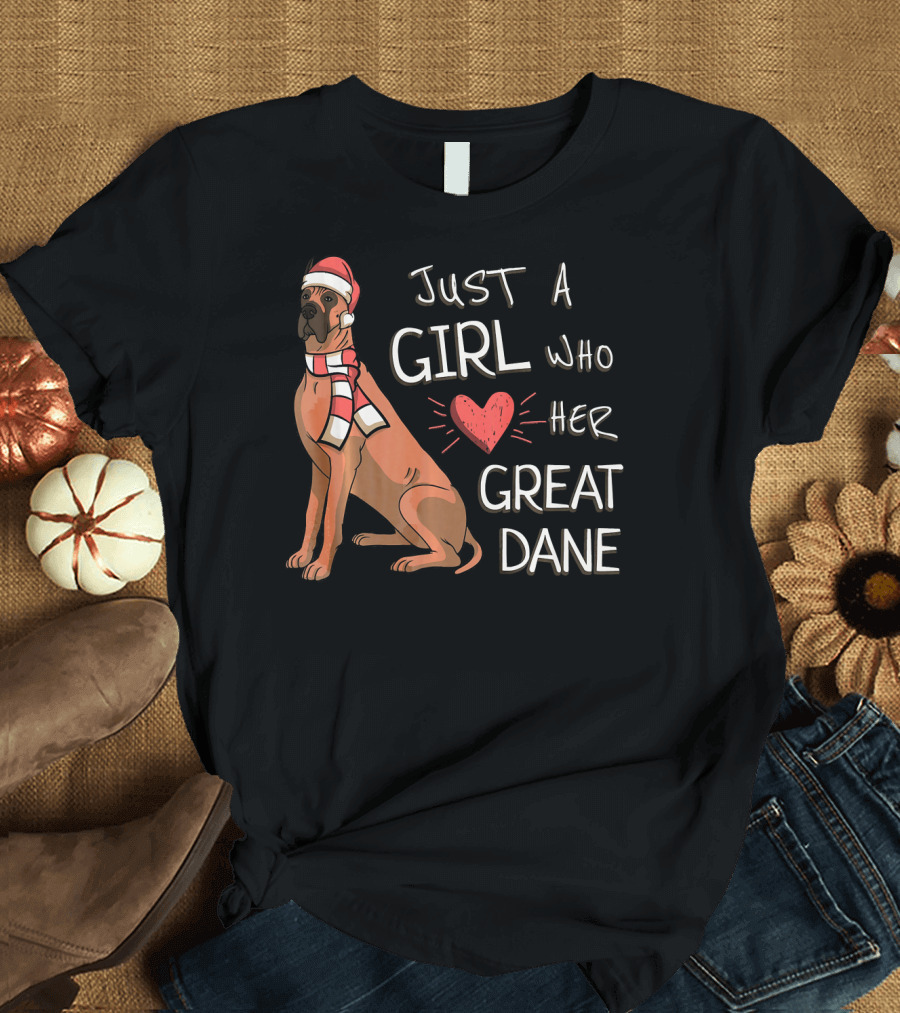 Just a Girl Who Loves Her Great Dane with Santa Hat T-Shirt