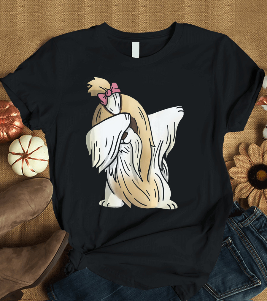 Dabbing Long Coated Shih Tzu Performing Dab Dance with Pink Bow T-Shirt