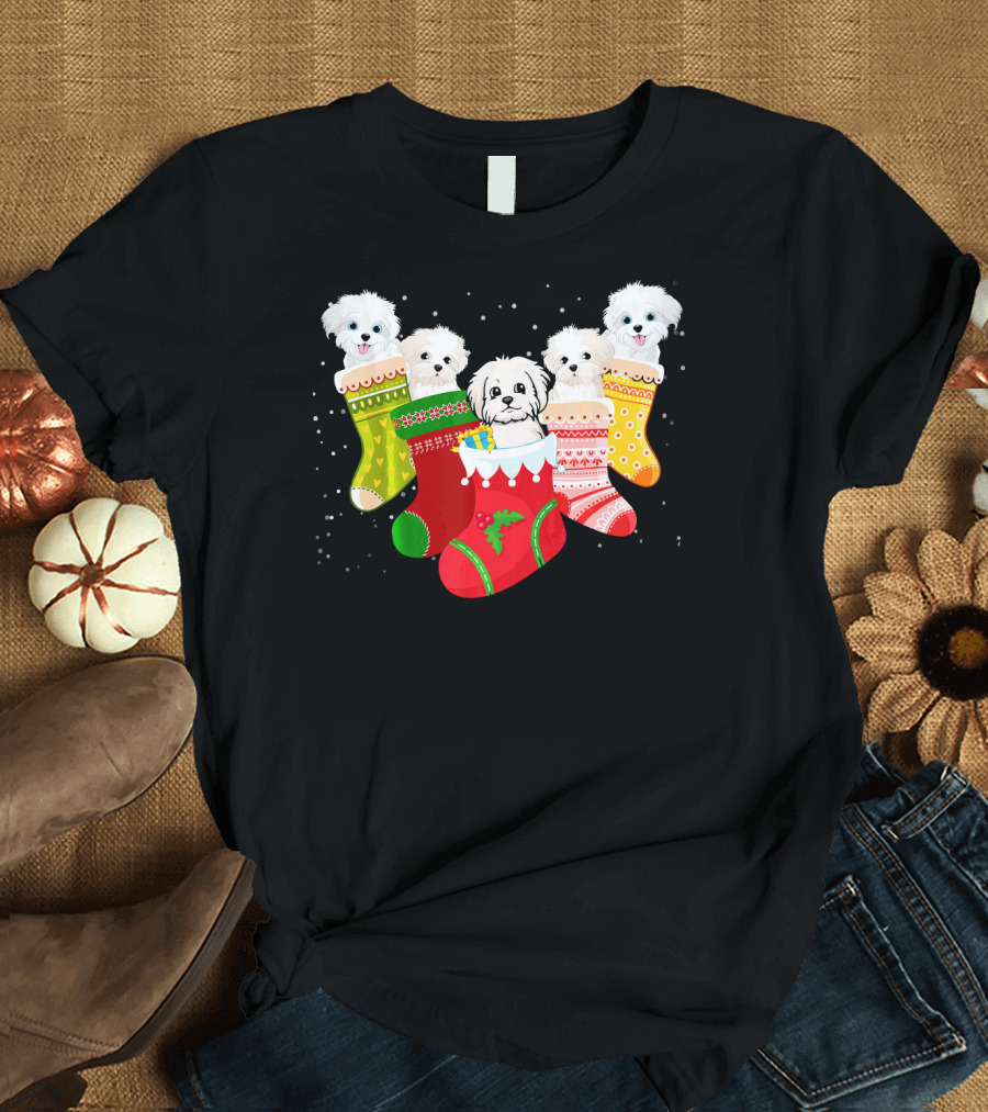 Maltese Dog Christmas Stockings Festive Holiday Gift Idea T-Shirt