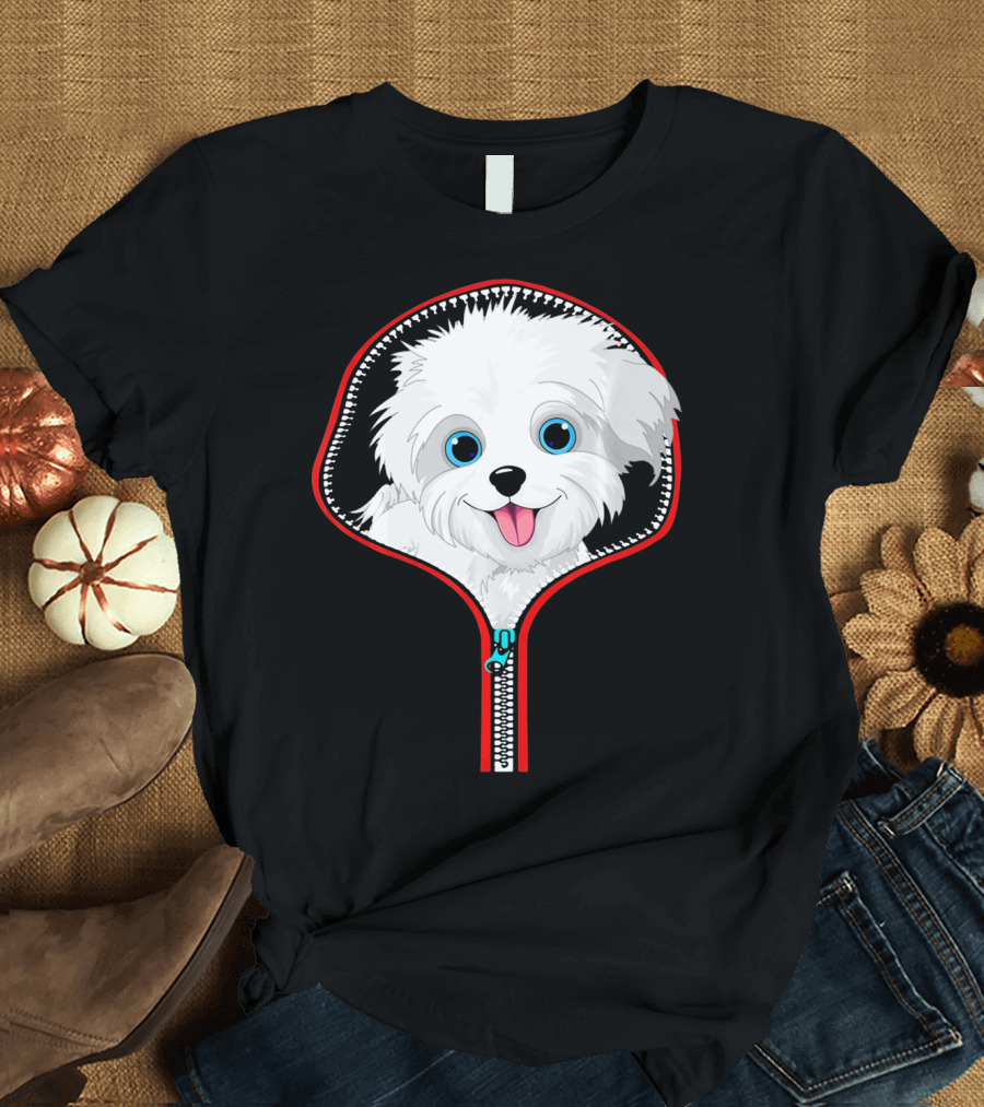 Funny Maltese Dog Peeking Through Zipper T-Shirt