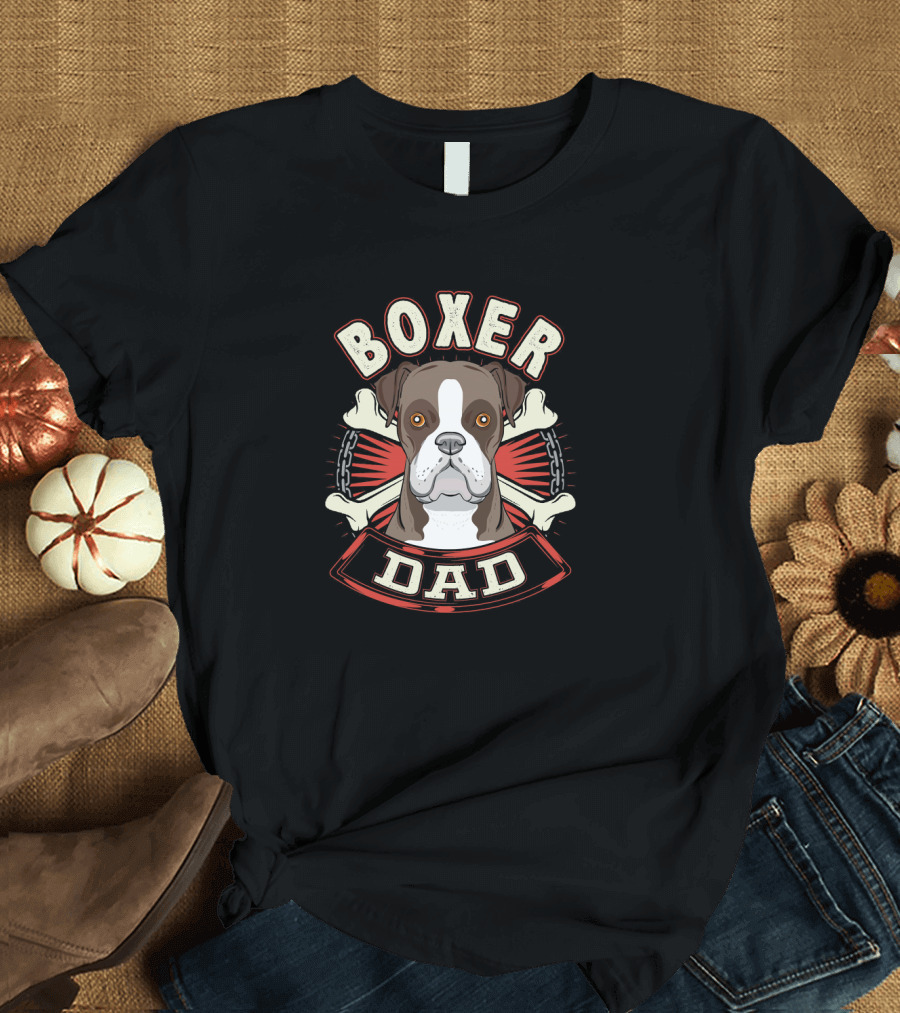 Boxer Dad Dog Breed Design with Crossbones and Chain Background T-Shirt