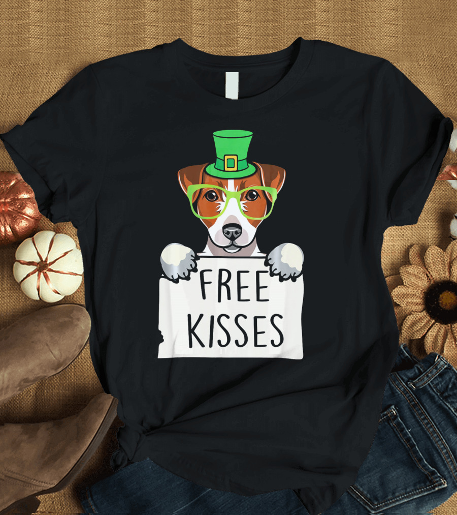 Free Kisses Jack Russell Dog St Patrick's Day Hat Glasses T-Shirt