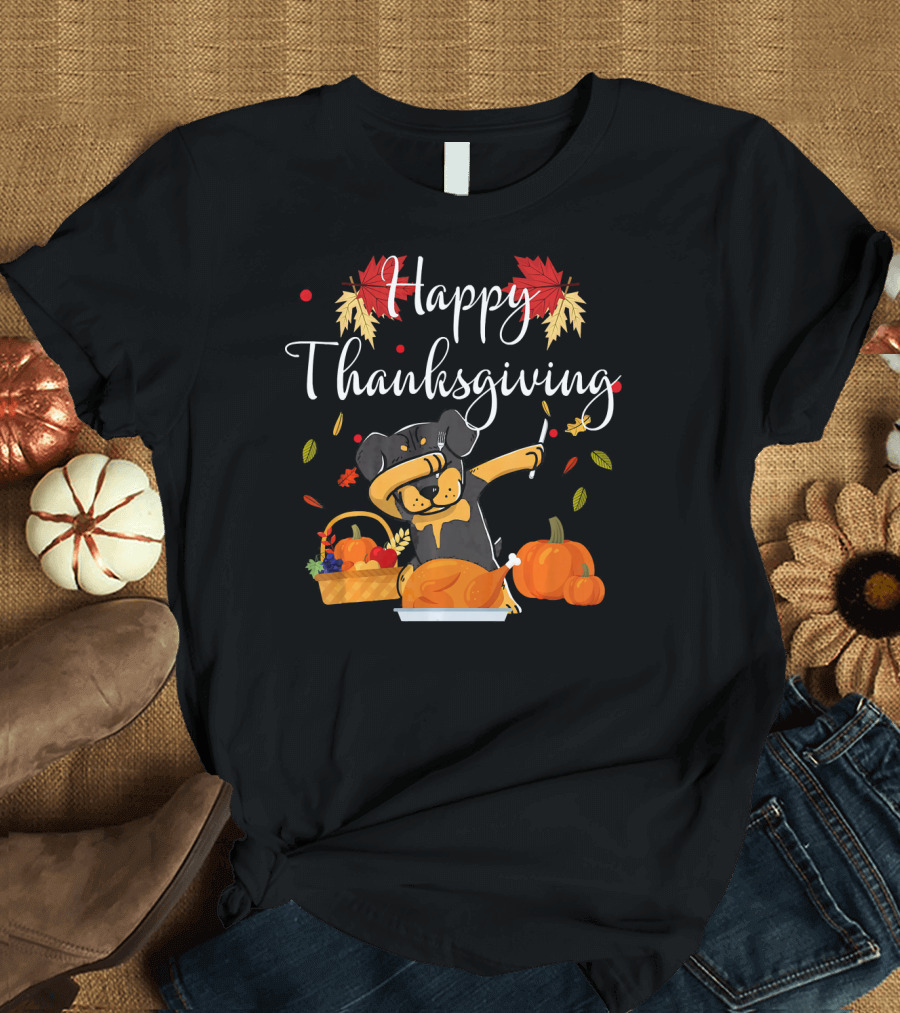 Happy Thanksgiving Dabbing Rottweiler Dog Eating Turkey T-Shirt