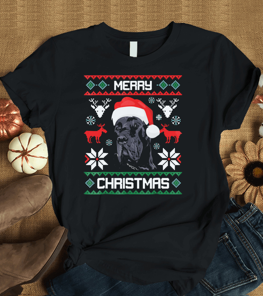 Great Dane Merry Christmas Santa Hat Reindeer T-Shirt