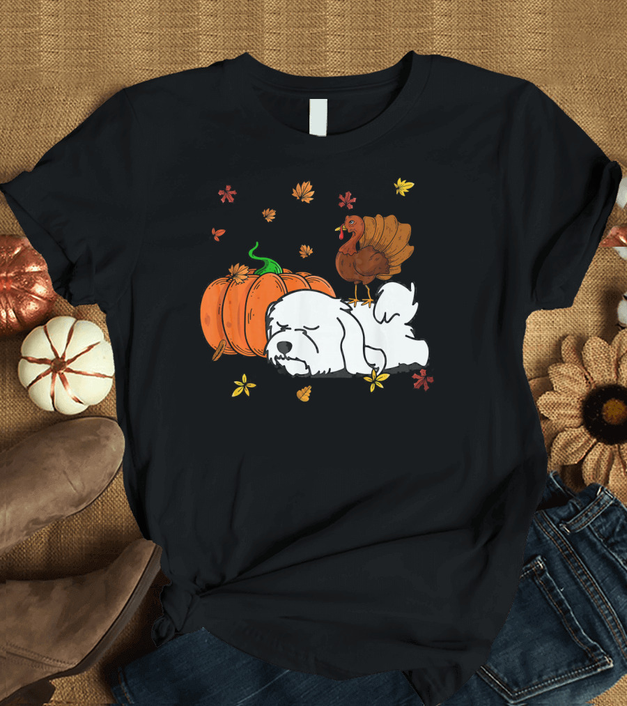 Maltese Dog Sleeping with Pumpkin Turkey and Autumn Leaves T-Shirt