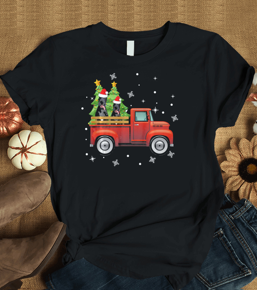 Great Dane Christmas Red Truck with Trees and Snowflakes T-Shirt