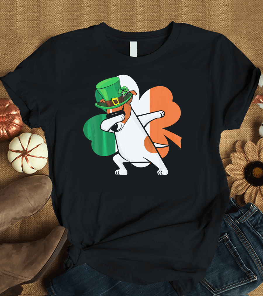 Dabbing Jack Russell Terrier Leprechaun Hat Shamrock Irish Flag St Patrick's Day T-Shirt