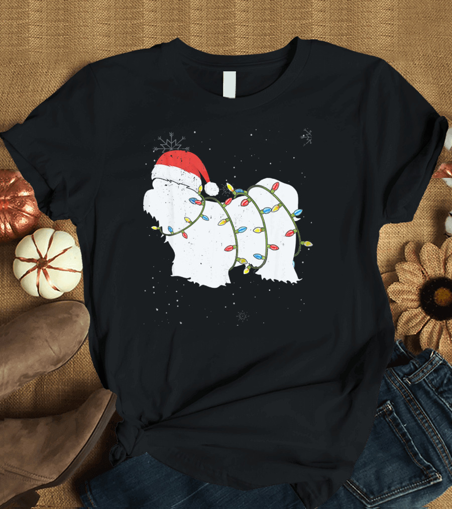 Funny Shih Tzu Christmas Santa Hat Wrapped in Holiday Lights T-Shirt