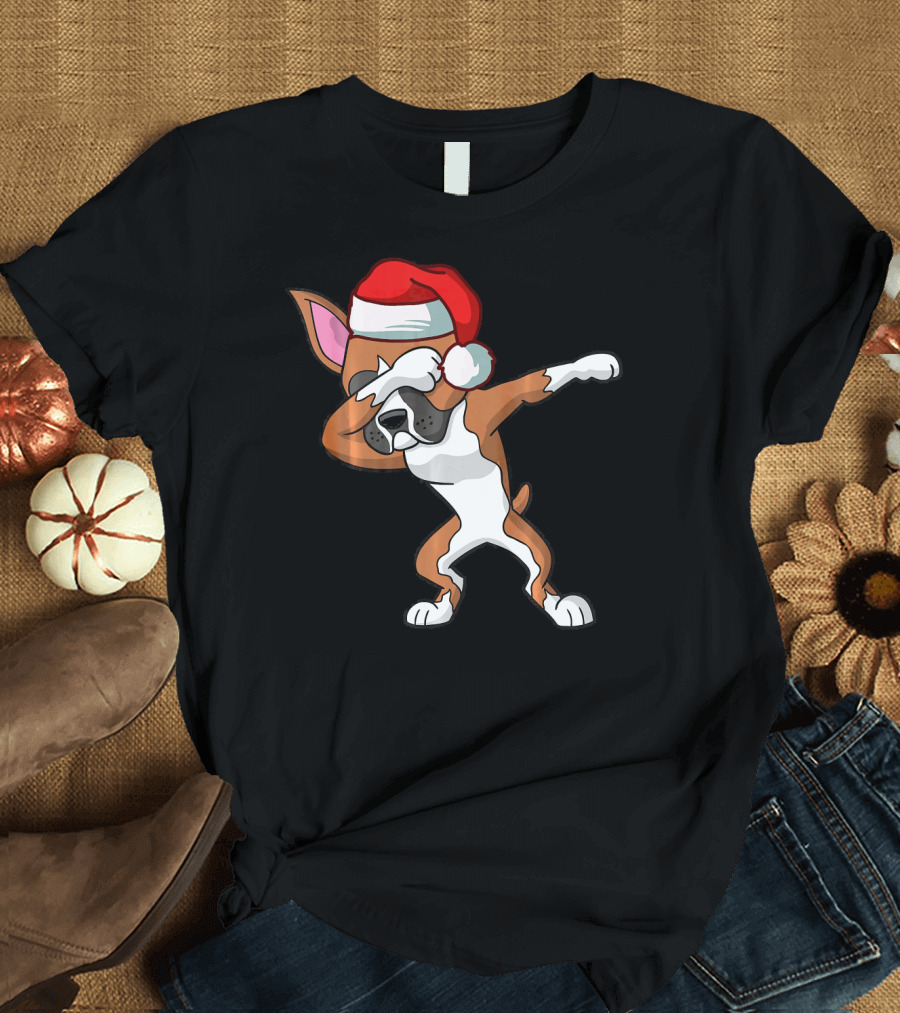 Boxer Dog Dabbing in Santa Hat Christmas T-Shirt